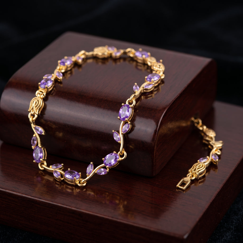 Gold Amethyst Crystal Bracelet - Floral Tulip Link Gemstone Wristlet