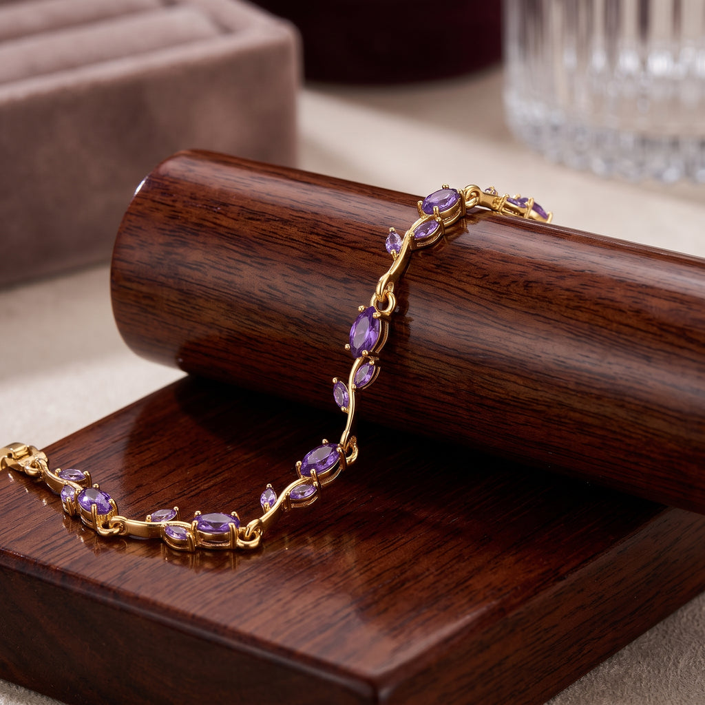 Purple Crystal Tulip Bracelet - Gold Plated Floral Vine Wristlet