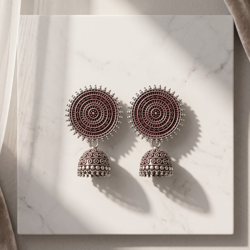 Silver Maroon Jhumka Earrings - Circular Mandala Stud & Bell Drop Earrings