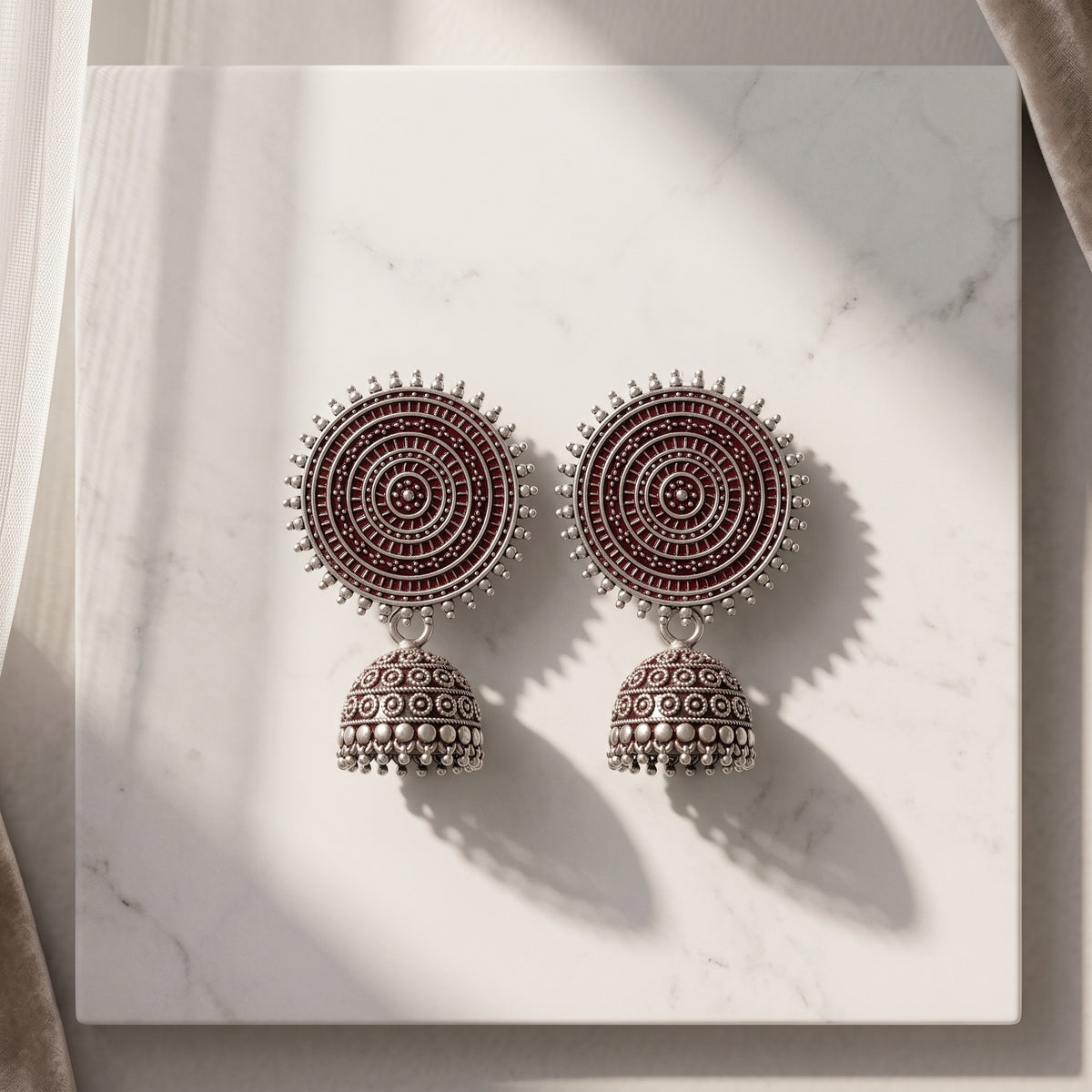 Silver Maroon Jhumka Earrings - Circular Mandala Stud & Bell Drop Earrings