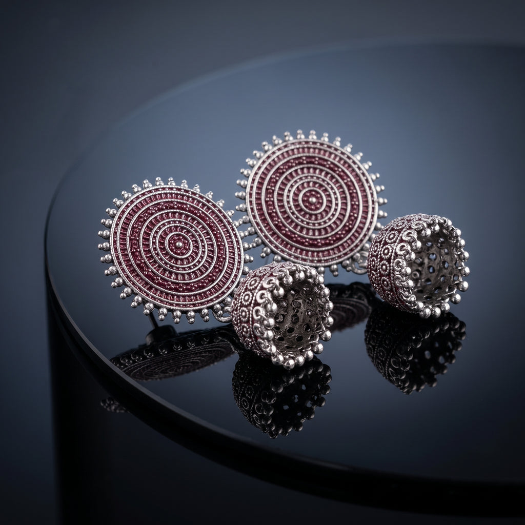 Silver Maroon Jhumka Earrings - Circular Mandala Stud & Bell Drop Earrings