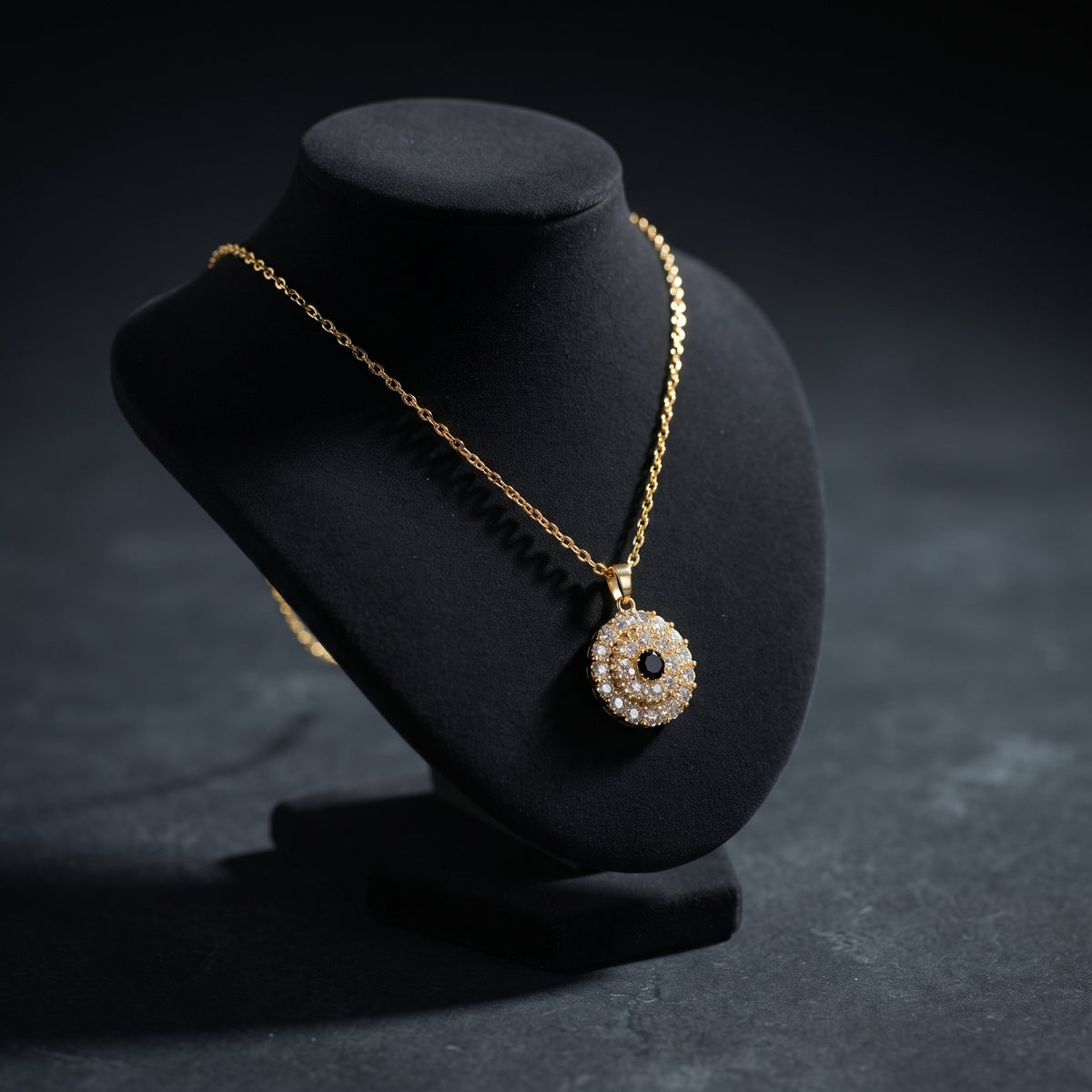 Gold Pavé Black Crystal Necklace - Dainty Round Medallion Pendant