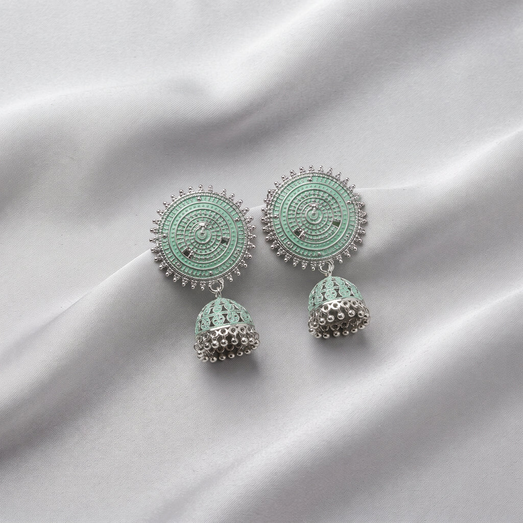 Mint Green Silver Jhumka - Handcrafted Pastel Ethnic Statement Earrings
