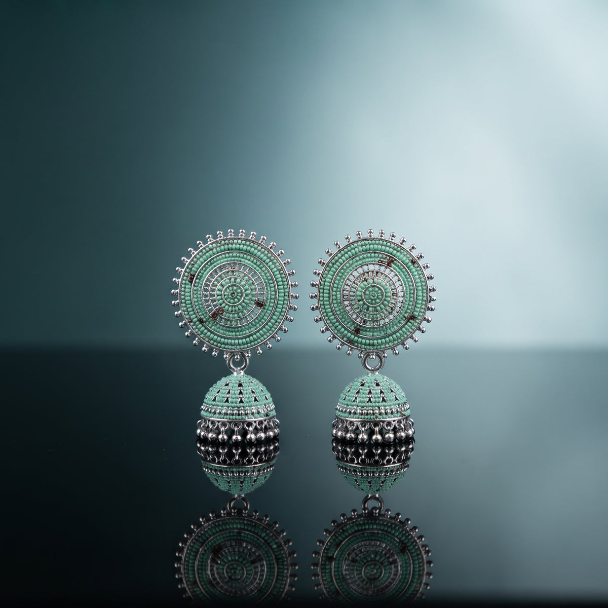 Mint Green Silver Jhumka - Handcrafted Pastel Ethnic Statement Earrings