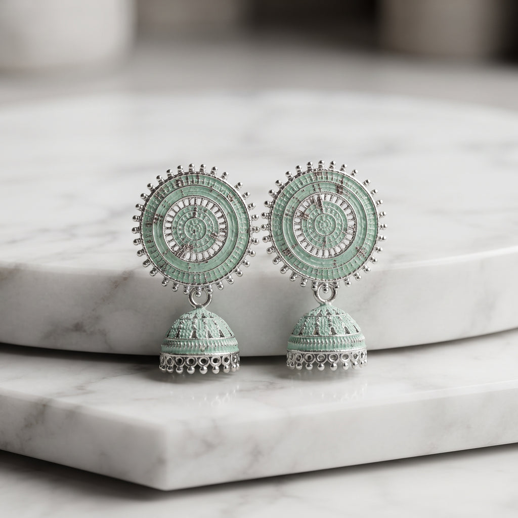 Mint Green Silver Jhumka - Handcrafted Pastel Ethnic Statement Earrings