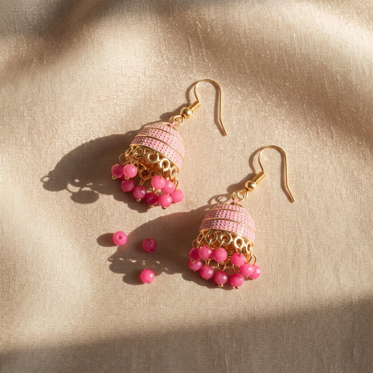 Blossom Pink Jhumka - Handcrafted Gold-Toned Indian Ethnic Danglers
