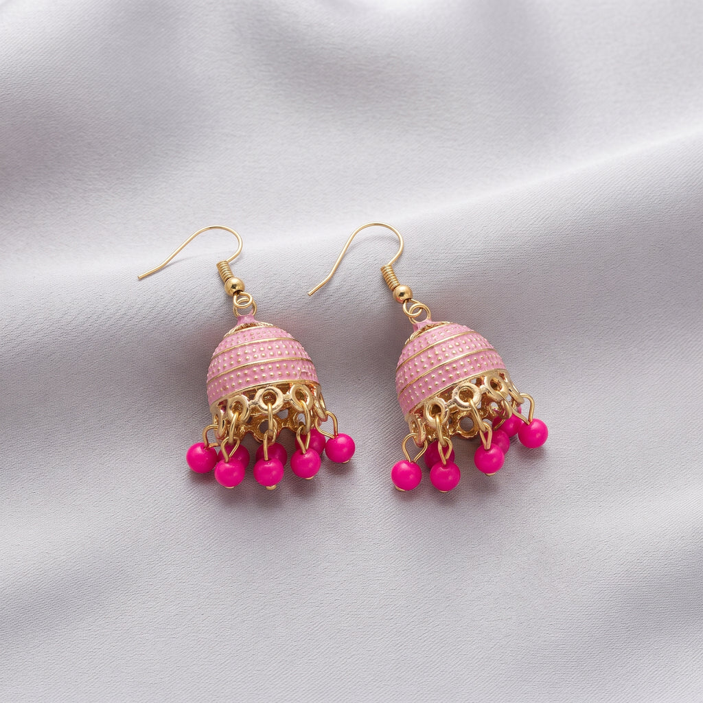 Blossom Pink Jhumka - Handcrafted Gold-Toned Indian Ethnic Danglers
