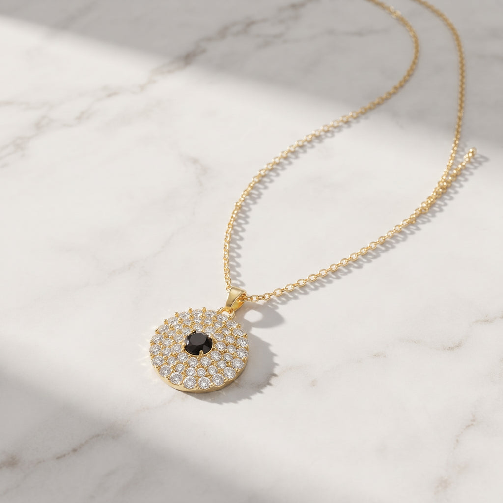 Gold Pavé Black Crystal Necklace - Dainty Round Medallion Pendant