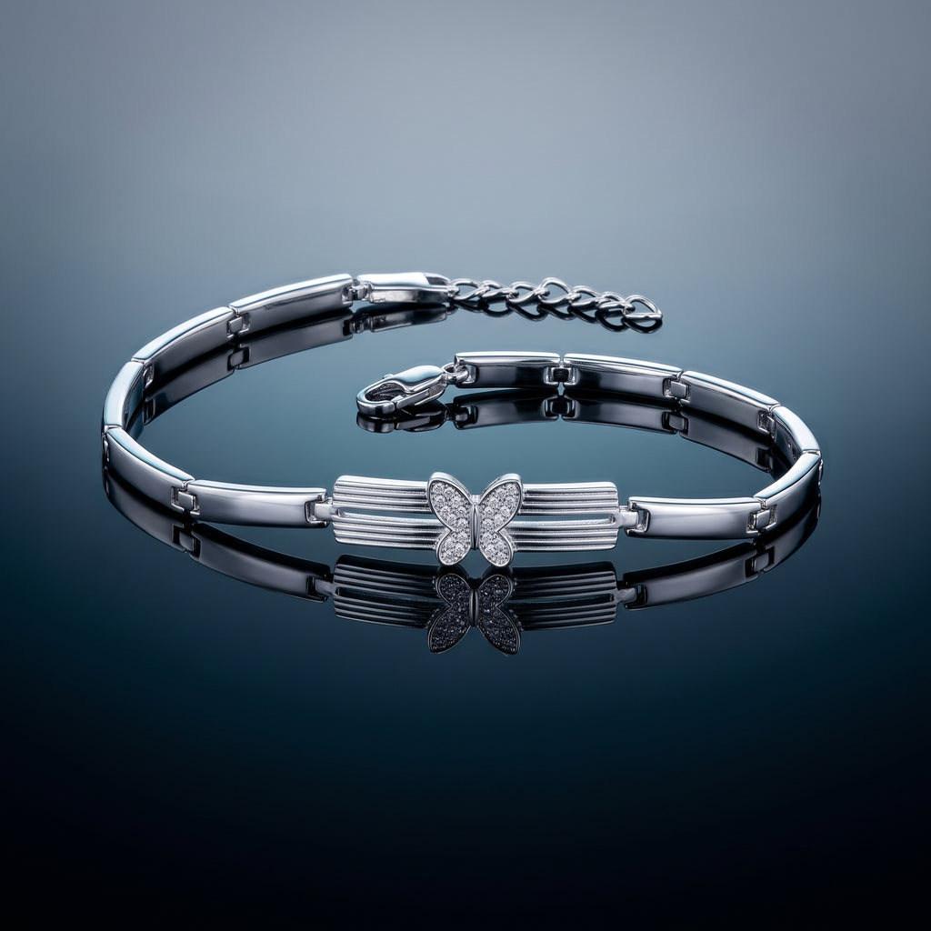Silver Pavé Butterfly Bracelet - Triple-Row Crystal Bar Link Wristlet