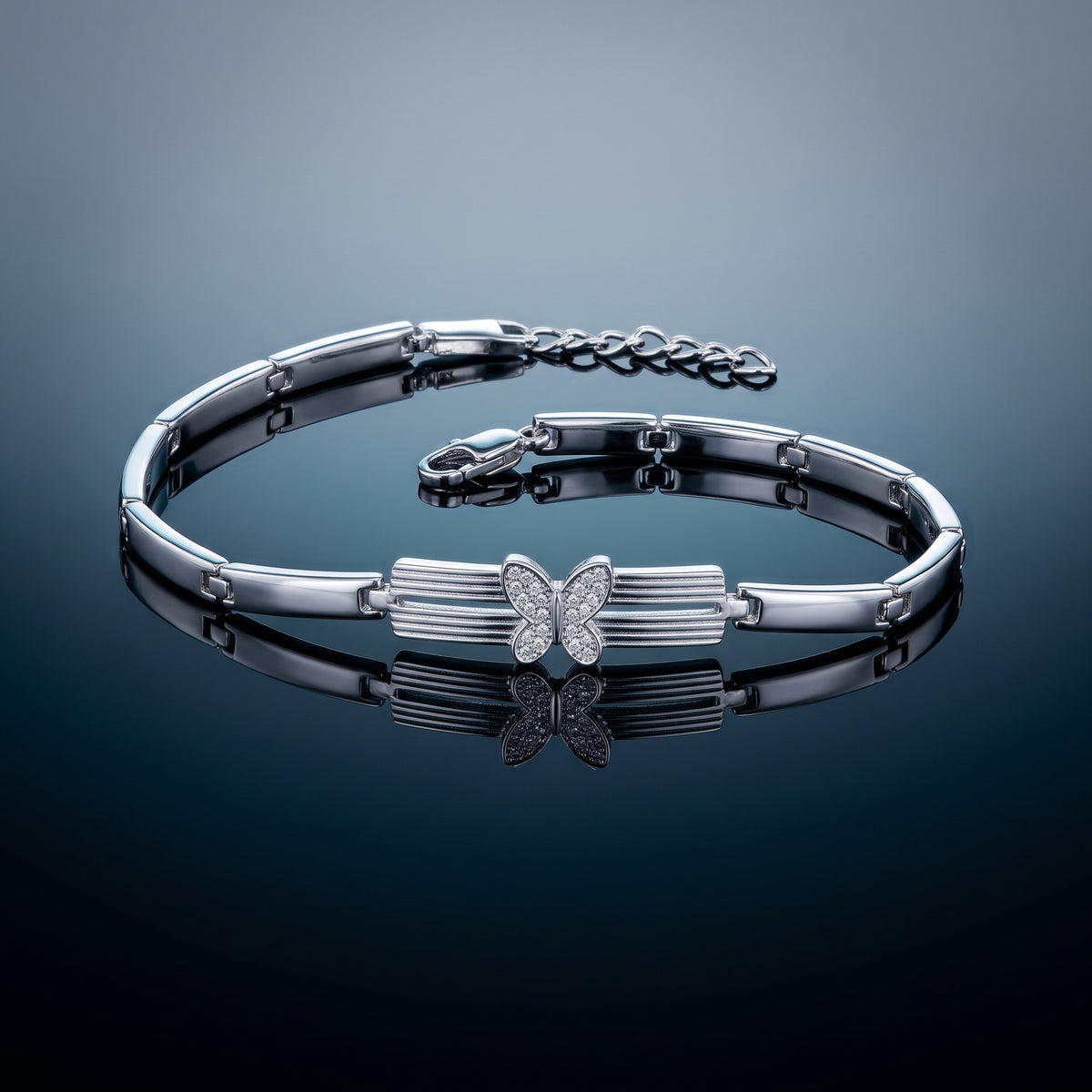 Silver Pavé Butterfly Bracelet - Triple-Row Crystal Bar Link Wristlet