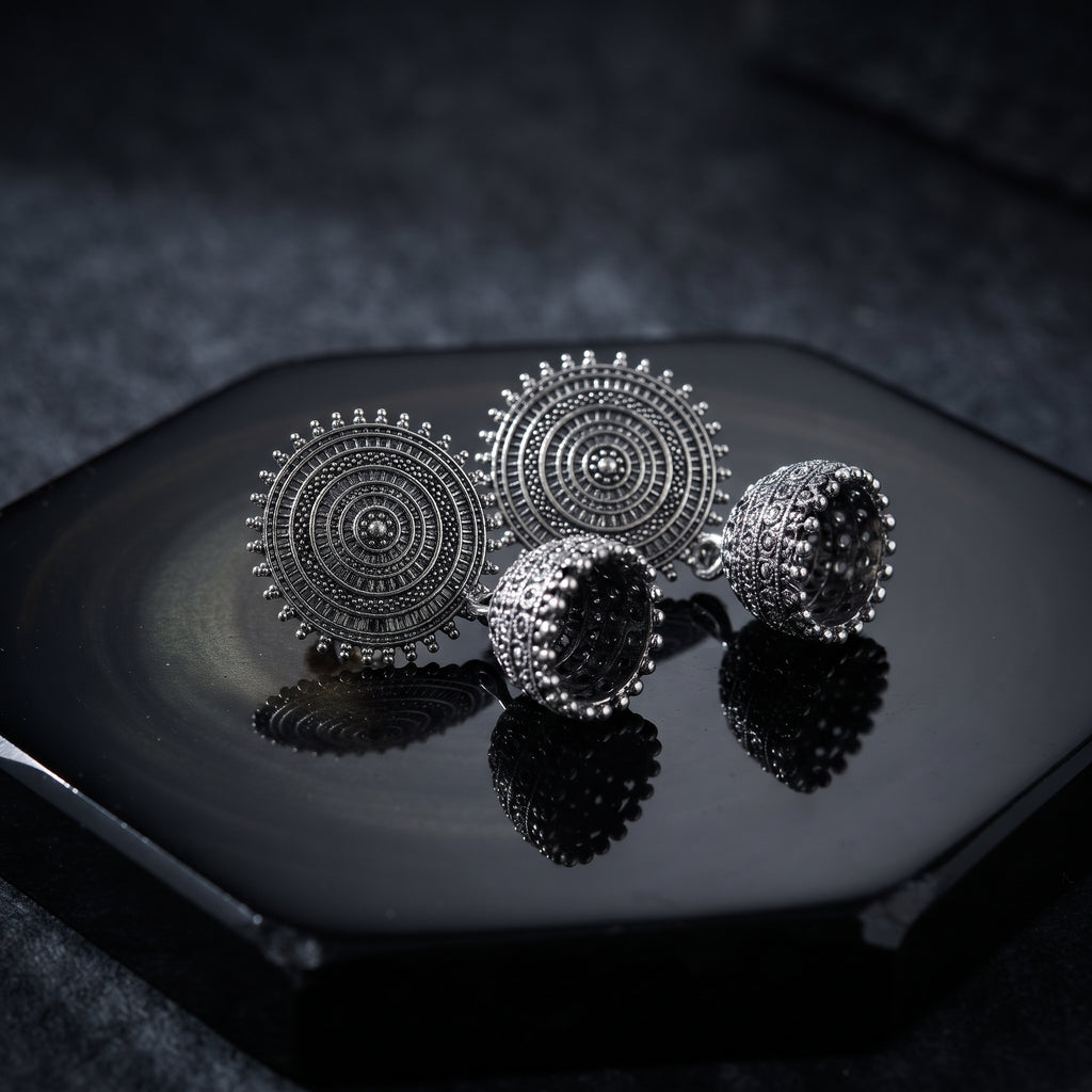 Silver Jhumka - Handcrafted Tribal Ethnic Statement Earrings