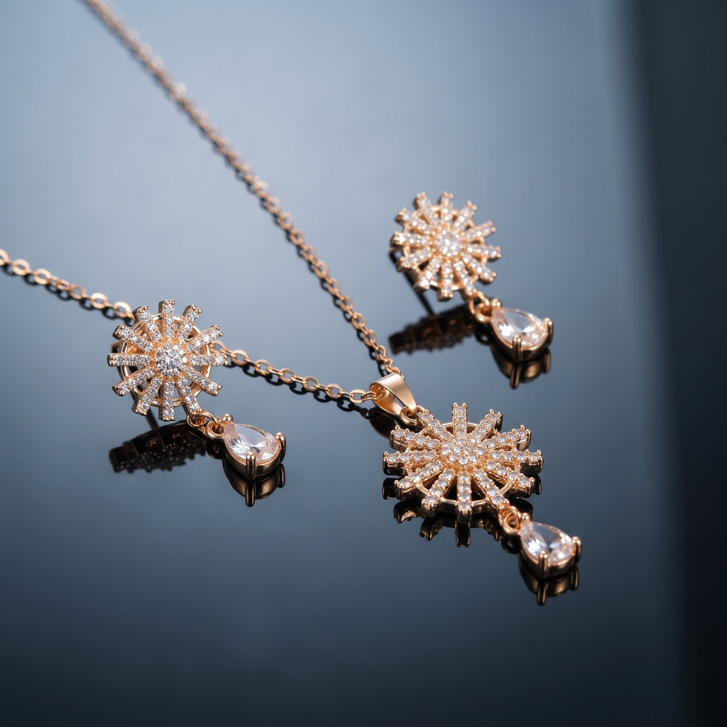 Crystal Starburst Necklace Set - Gold Plated Pendant & Matching Earring Set