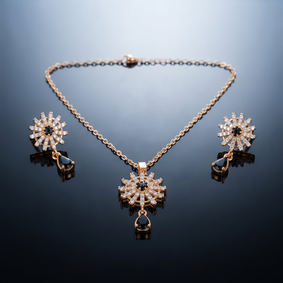 Black Crystal Starburst Necklace Set - Gold Plated Pendant & Drop Earring Set