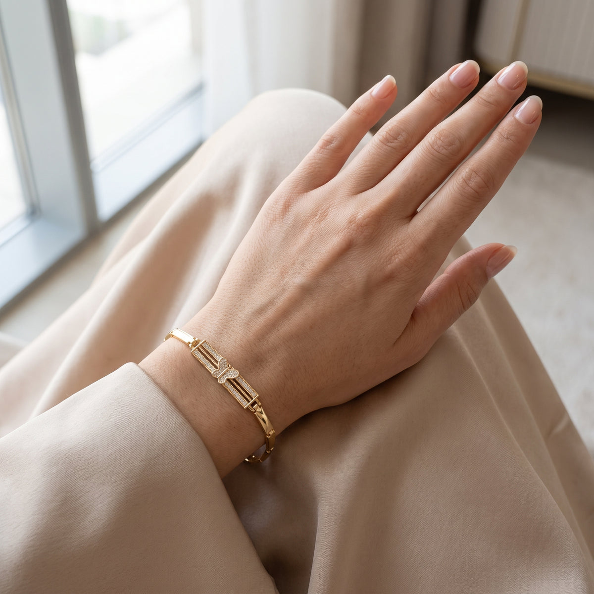 Gold Pavé Butterfly Bracelet - Double-Row Crystal Bar Link Wristlet