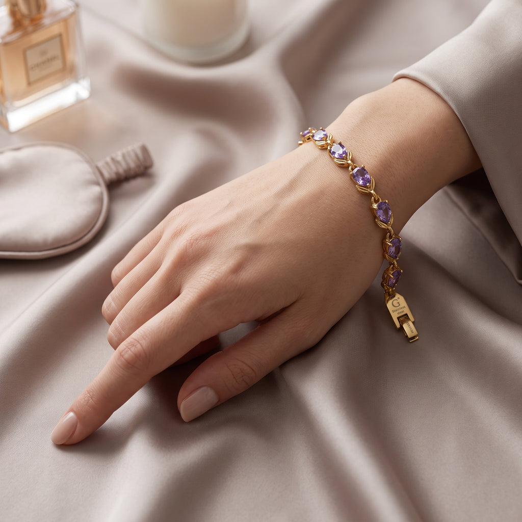 Gold Amethyst Crystal Bracelet - Floral Tulip Link Gemstone Wristlet