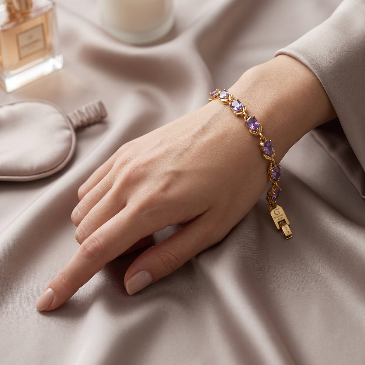 Gold Amethyst Crystal Bracelet - Floral Tulip Link Gemstone Wristlet