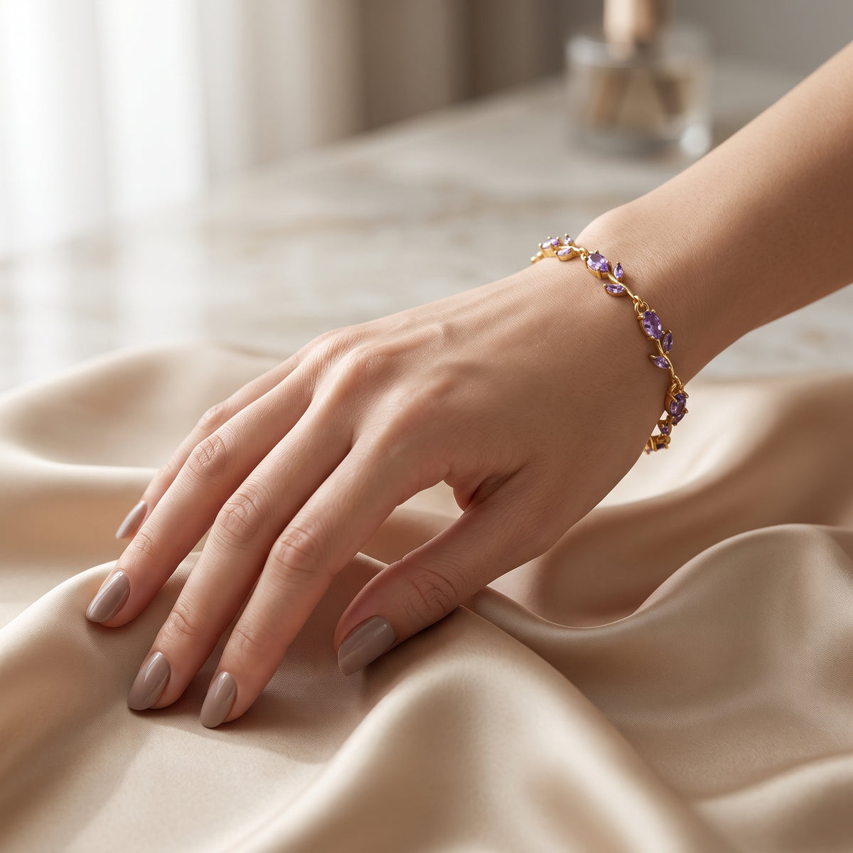Purple Crystal Tulip Bracelet - Gold Plated Floral Vine Wristlet