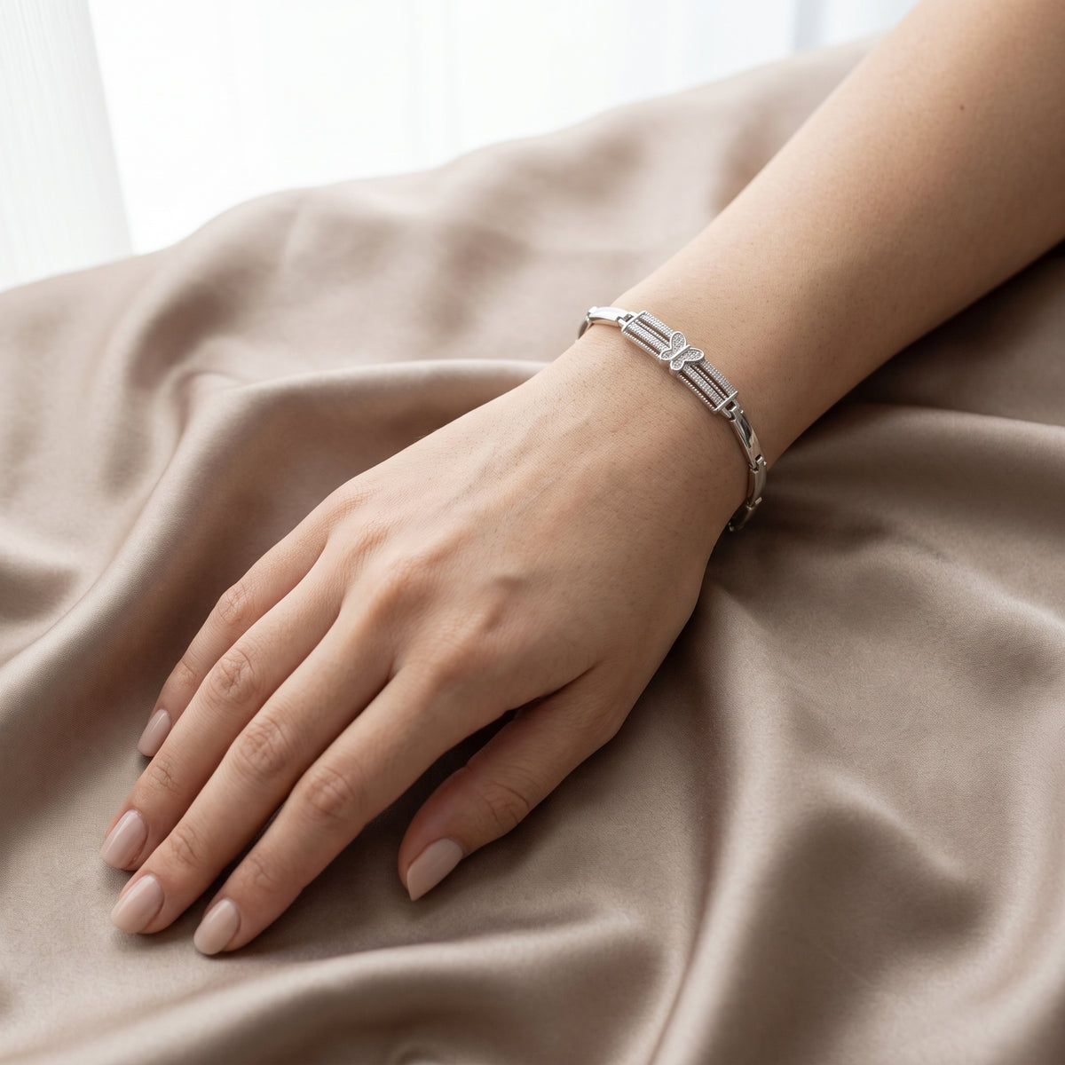 Silver Pavé Butterfly Bracelet - Triple-Row Crystal Bar Link Wristlet